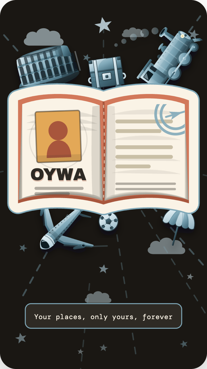 Illustrazione di OYWA: un passaporto aperto circondato da Colosseo, valigia, treno, aereo e ombrellone