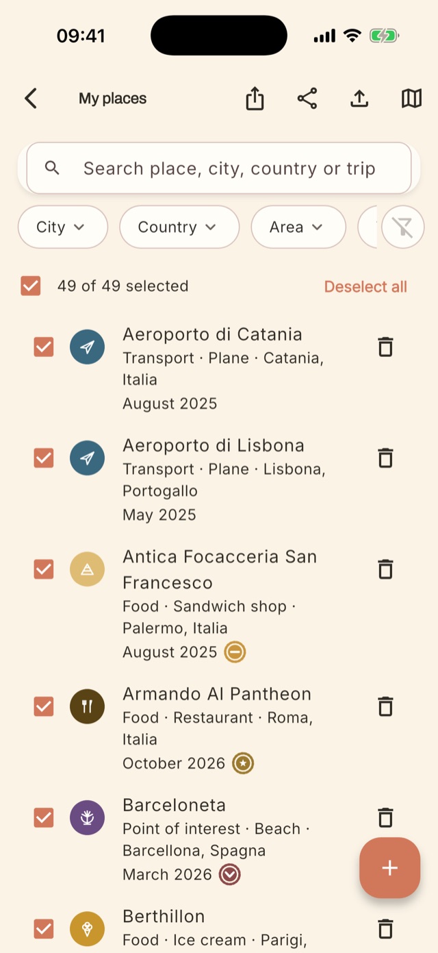 List of places with icons and stamps