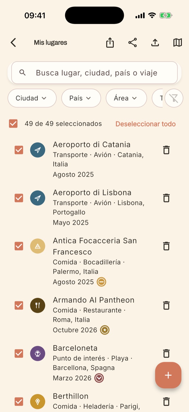 Lista de lugares con iconos y sellos