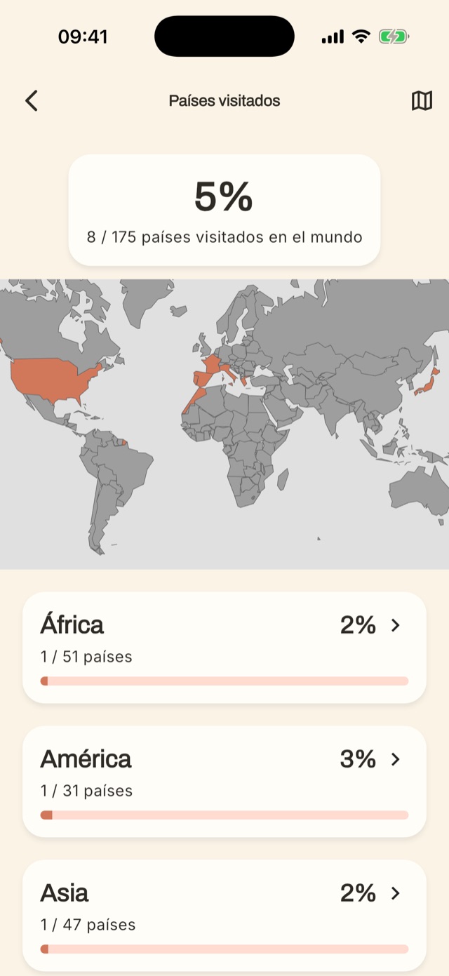 La pantalla de países visitados con el mapamundi y los porcentajes por continente