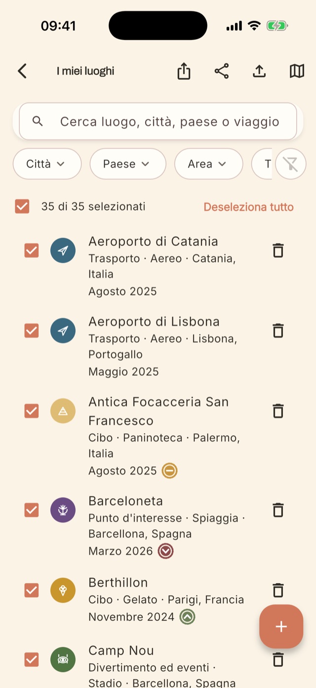 Elenco dei luoghi con icone e timbri
