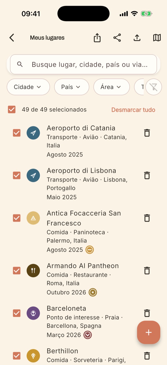Lista de lugares com ícones e carimbos