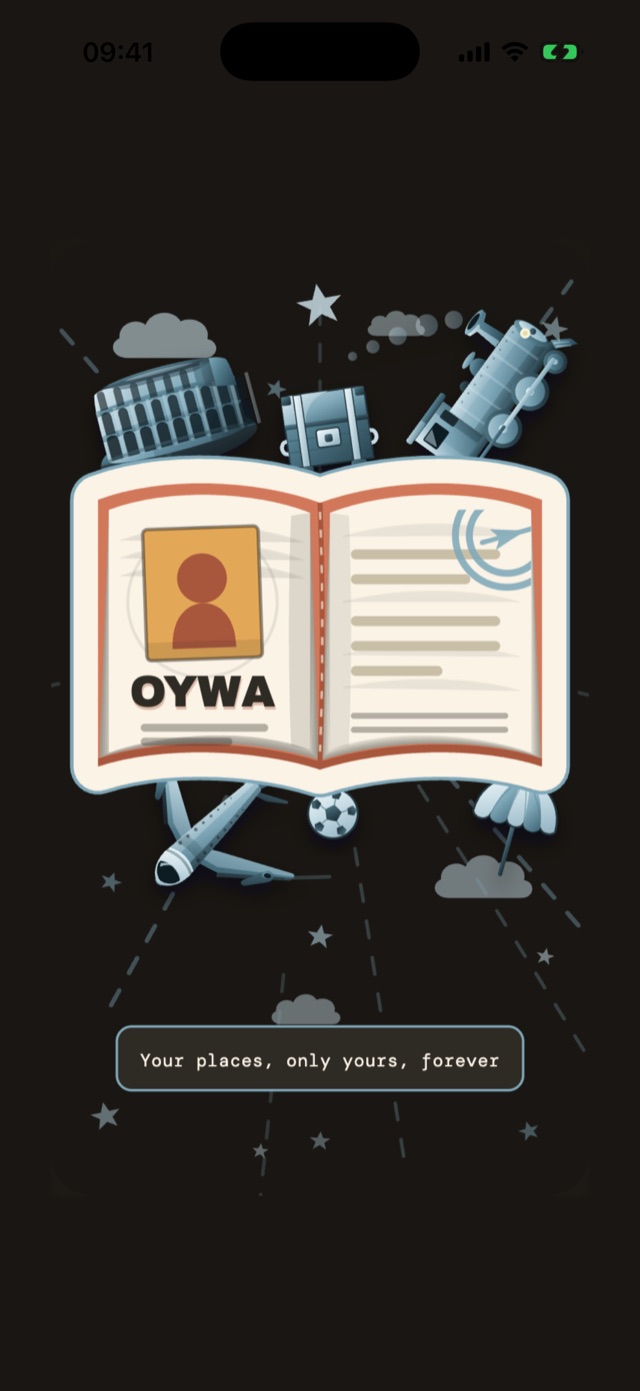 Schermata di avvio di OYWA con l'illustrazione del passaporto
